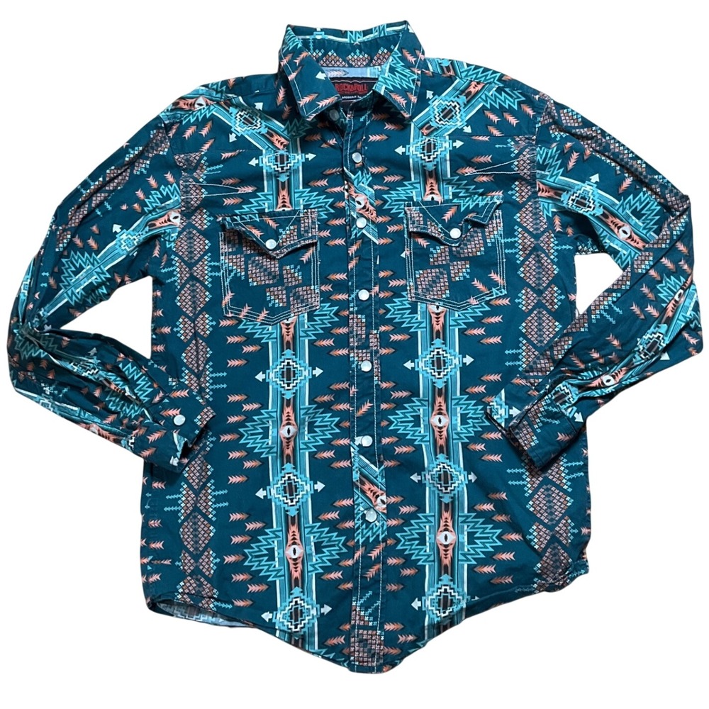 Aztec-Print Teal Western Button-Up Shirt - Women